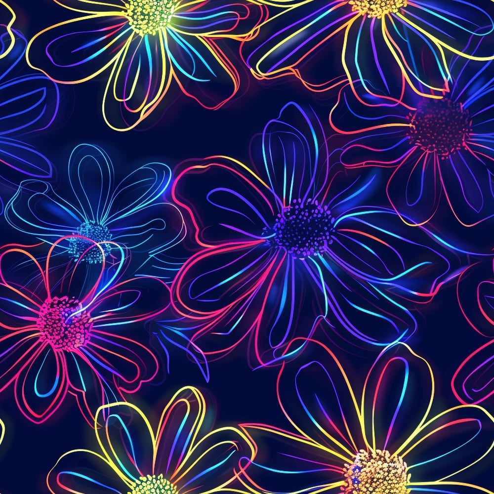 Neon Daisy Pattern 9 Fabric featuring vibrant multicolor outlined daisies, floral design, glowing neon flowers, dark background, bright pastel hues, lightweight cotton textile, sewing material, quilting fabric.