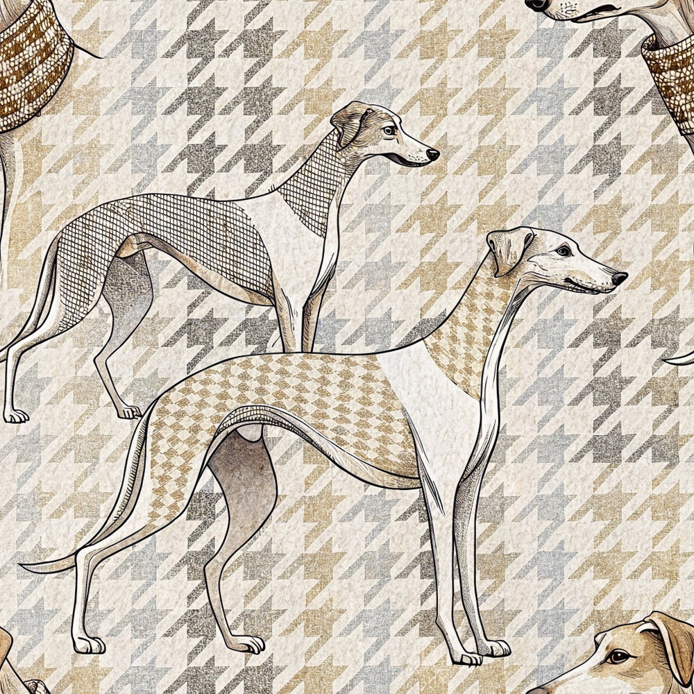 greyhound dogs, whippet, sighthound, beige, tan, cream, gray, houndstooth pattern, geometric background, neutral tones,, fabric panel, elegant canines, racing dogs, crosshatch texture, monochromatic, earth tones, dog breeds, textile design, crafting fabric