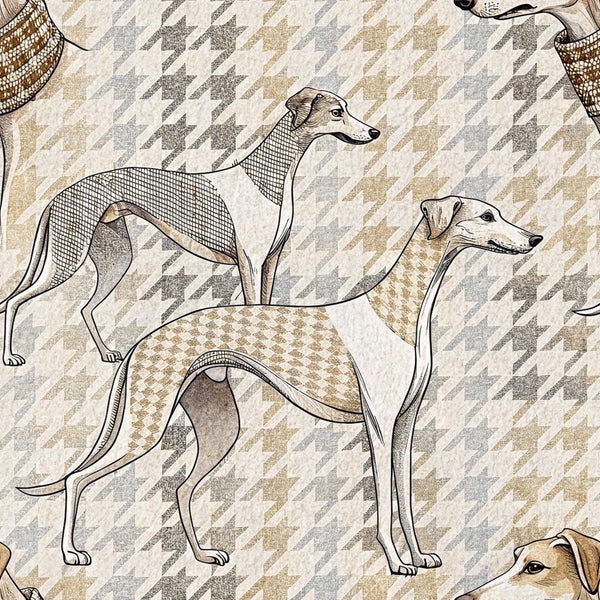 greyhound dogs, whippet, sighthound, beige, tan, cream, gray, houndstooth pattern, geometric background, neutral tones,, fabric panel, elegant canines, racing dogs, crosshatch texture, monochromatic, earth tones, dog breeds, textile design, crafting fabric