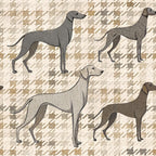 neutral colors, beige, tan, cream, gray, houndstooth pattern, geometric background, dog silhouettes, greyhound, whippet, sighthound, fabric panel,, stippled texture, diagonal lines, canine motifs, pet themed, elegant dogs, standing pose, artistic illustration, animal fabric