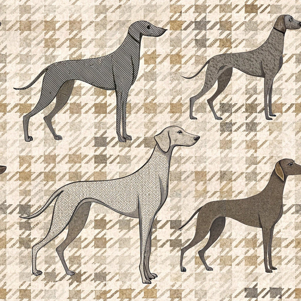 neutral colors, beige, tan, cream, gray, houndstooth pattern, geometric background, dog silhouettes, greyhound, whippet, sighthound, fabric panel,, stippled texture, diagonal lines, canine motifs, pet themed, elegant dogs, standing pose, artistic illustration, animal fabric