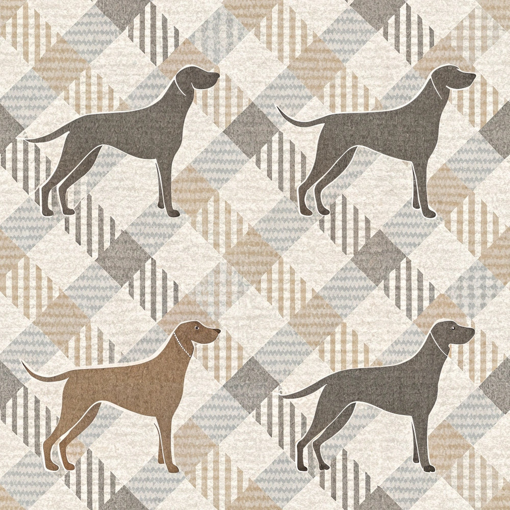 neutral colors, beige, gray, cream, taupe, houndstooth pattern, geometric design, dog silhouettes, hunting dogs, pointer dogs, chevron background,, fabric panel, repeating pattern, earth tones, stylized animals, modern geometric, muted palette, diamond shapes, striped elements