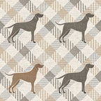 neutral colors, beige, gray, cream, taupe, houndstooth pattern, geometric design, dog silhouettes, hunting dogs, pointer dogs, chevron background,, fabric panel, repeating pattern, earth tones, stylized animals, modern geometric, muted palette, diamond shapes, striped elements