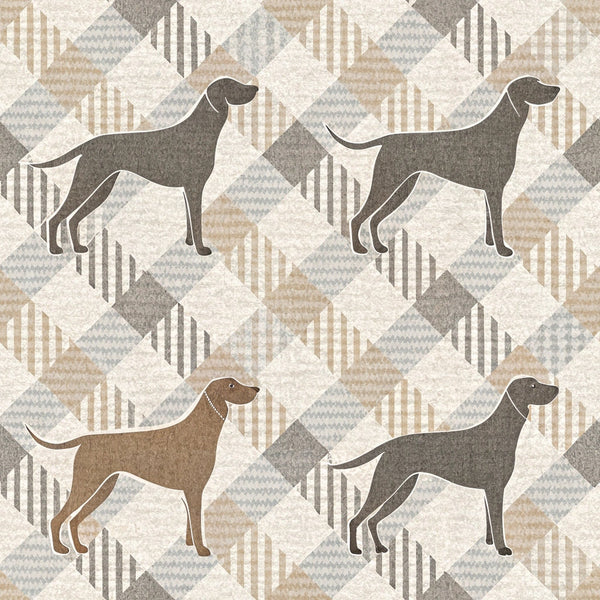 neutral colors, beige, gray, cream, taupe, houndstooth pattern, geometric design, dog silhouettes, hunting dogs, pointer dogs, chevron background,, fabric panel, repeating pattern, earth tones, stylized animals, modern geometric, muted palette, diamond shapes, striped elements