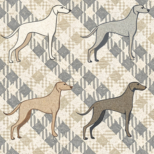 neutral tones, beige, cream, taupe, gray, houndstooth pattern, geometric background, greyhound silhouettes, dog breed, whippet, sighthound, minimalist style, elegant design,, fabric panel, sophisticated palette, modern aesthetic, pet theme, canine motif, textile design