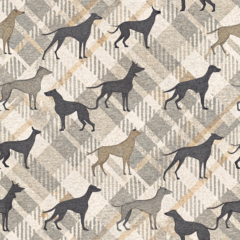 beige, taupe, cream, gray, greyhound silhouettes, dog breeds, geometric hexagons, neutral tones,, fabric panel, animal motifs, sighthounds, whippets, modern pattern, racing dogs, pet themed, contemporary design, muted colors, repeating pattern
