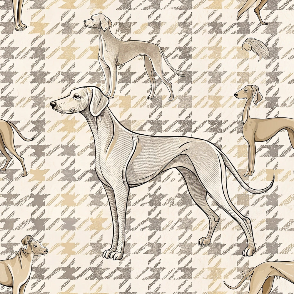 beige, tan, cream, houndstooth pattern, greyhound dogs, whippet illustration, line art, sketched style, geometric background, neutral tones,, fabric panel, dog breeds, minimalist design, repetitive pattern, sighthounds, elegant pose, standing dogs, textile design, crafting material