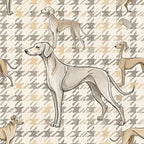 beige, tan, cream, houndstooth pattern, greyhound dogs, whippet illustration, line art, sketched style, geometric background, neutral tones,, fabric panel, dog breeds, minimalist design, repetitive pattern, sighthounds, elegant pose, standing dogs, textile design, crafting material