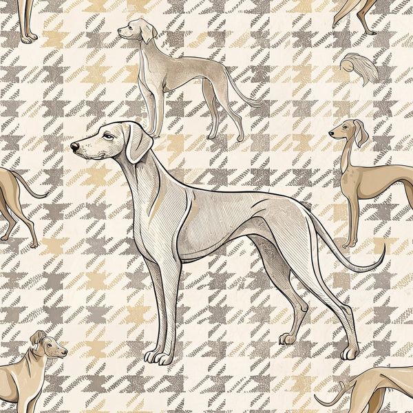 beige, tan, cream, houndstooth pattern, greyhound dogs, whippet illustration, line art, sketched style, geometric background, neutral tones,, fabric panel, dog breeds, minimalist design, repetitive pattern, sighthounds, elegant pose, standing dogs, textile design, crafting material