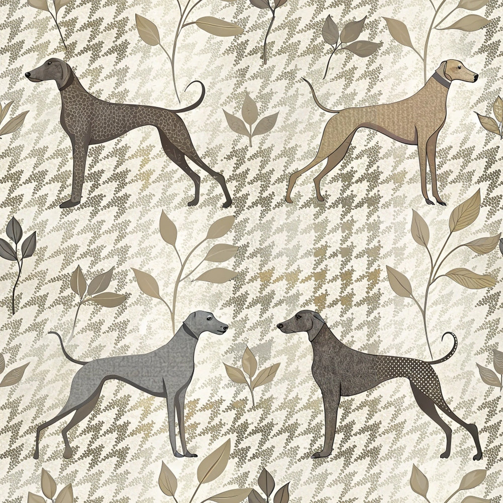 beige, taupe, cream, greyhounds, whippets, sighthounds, botanical leaves, fern patterns, neutral tones, elegant dogs,, fabric panel, nature motifs, earthy palette, dog silhouettes, refined aesthetic, muted colors, organic shapes, graceful hounds, textured background