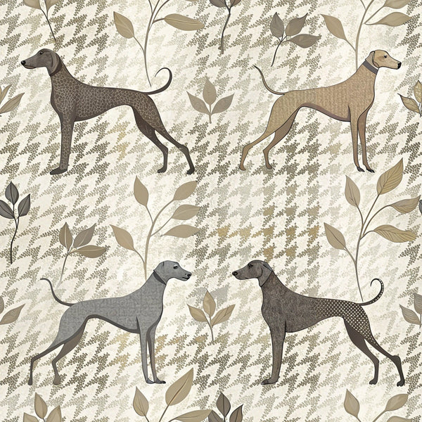 beige, taupe, cream, greyhounds, whippets, sighthounds, botanical leaves, fern patterns, neutral tones, elegant dogs,, fabric panel, nature motifs, earthy palette, dog silhouettes, refined aesthetic, muted colors, organic shapes, graceful hounds, textured background