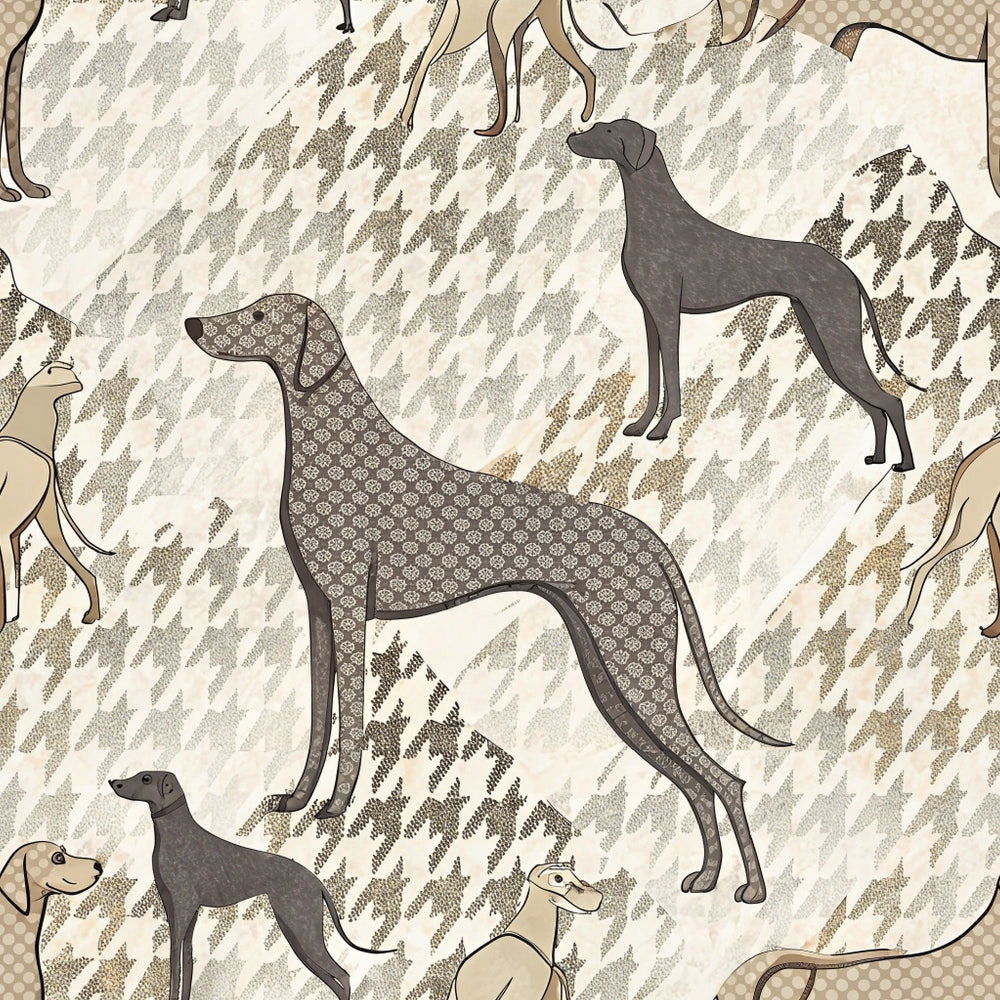 neutral colors, houndstooth pattern, greyhound silhouettes, dog breeds, beige, taupe, gray, cream, geometric background,, fabric panel, elegant dogs, canine motifs, sophisticated pattern, textile design, sighthounds, animal silhouettes, muted tones, repeating pattern