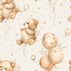Pattern of teddy bears holding balloons with stars and dots on a light background.