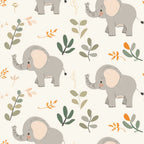 Pattern of cartoon elephants and leaves on a light background. Elephants face different directions, interspersed with various green and orange leaves.