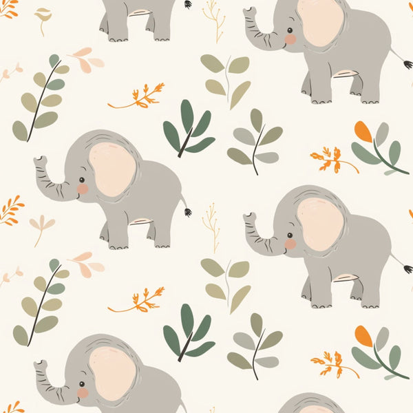 Pattern of cartoon elephants and leaves on a light background. Elephants face different directions, interspersed with various green and orange leaves.