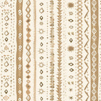 Abstract pattern with vertical lines featuring geometric shapes, dots, zigzags, and organic motifs in earthy tones on a cream background.