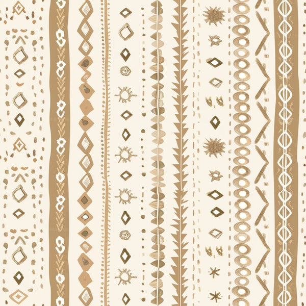 Abstract pattern with vertical lines featuring geometric shapes, dots, zigzags, and organic motifs in earthy tones on a cream background.