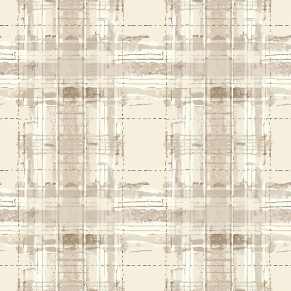 A beige and cream plaid pattern with textured vertical and horizontal lines, intersecting at various points, creating a grid-like design.