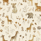 Pattern featuring illustrated safari animals such as lions, elephants, and giraffes, along with various flowers and leaves, on a light beige background.