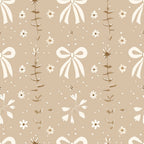 A beige background with a repeating pattern of white bows, flowers, dots, and leaves.