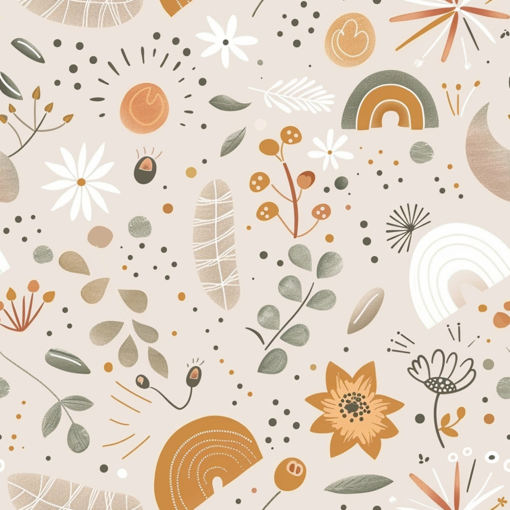 Pattern with flowers, leaves, dots, and abstract shapes in earthy tones on a light background.