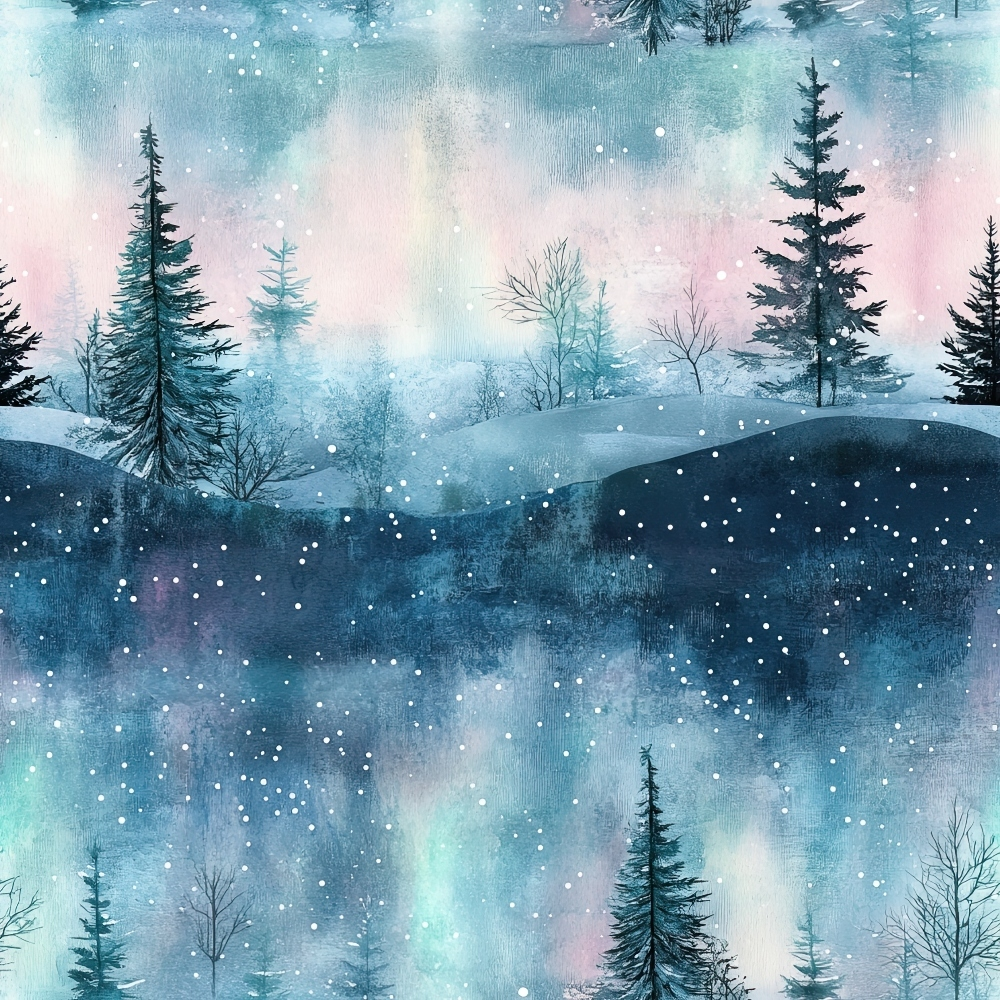 Scenic winter landscape with snow-covered hills and trees under a colorful pastel sky. Snowflakes are gently falling.