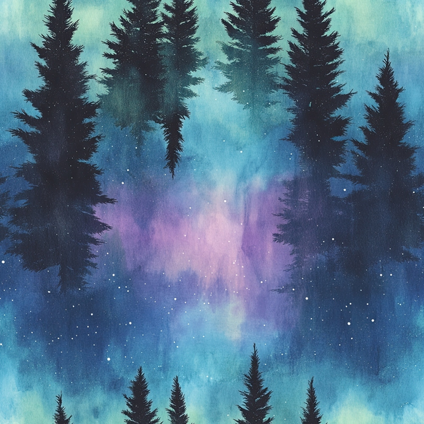 Digital artwork depicting a forest with silhouettes of pine trees against a vibrant, multicolored sky of blues, purples, and greens, resembling the aurora borealis.