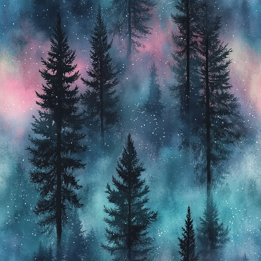 Misty forest scene with tall trees silhouetted against a colorful sky, featuring shades of pink, blue, and green, dotted with white specks resembling stars.