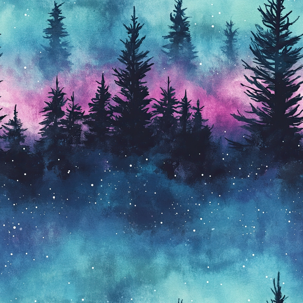 Watercolor painting of evergreen trees silhouetted against a sky blending blue, purple, and pink hues, with a sprinkle of white dots resembling stars or snowflakes.