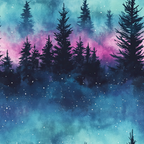 Watercolor painting of evergreen trees silhouetted against a sky blending blue, purple, and pink hues, with a sprinkle of white dots resembling stars or snowflakes.