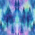 Abstract watercolor painting of a forest with tall evergreen trees in shades of blue, purple, and green.