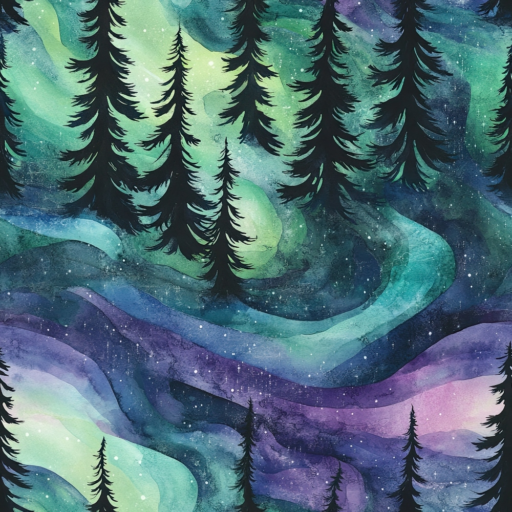 Watercolor painting of a forest landscape with tall evergreen trees against a swirling green, blue, and purple sky.