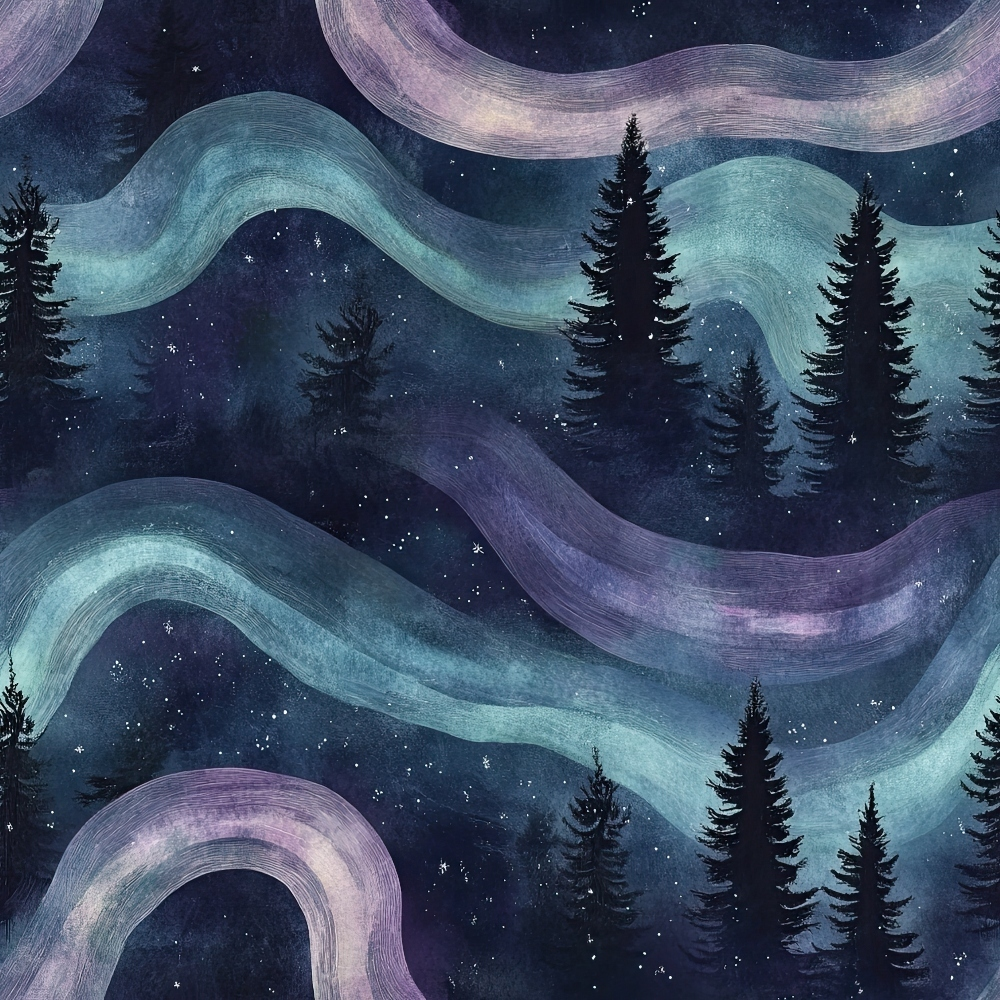 Illustrated forest landscape with tall pine trees and swirling pastel-colored waves under a starry night sky.