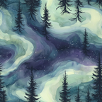 Abstract watercolor depicting a forest with tall, dark trees against a swirling backdrop of blue, green, and purple shades, resembling a starry night sky.