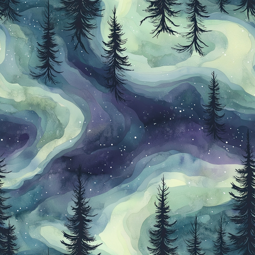 Abstract watercolor depicting a forest with tall, dark trees against a swirling backdrop of blue, green, and purple shades, resembling a starry night sky.