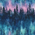 Watercolor painting of a dense forest silhouette against a vibrant, starry sky in shades of blue, purple, and pink.