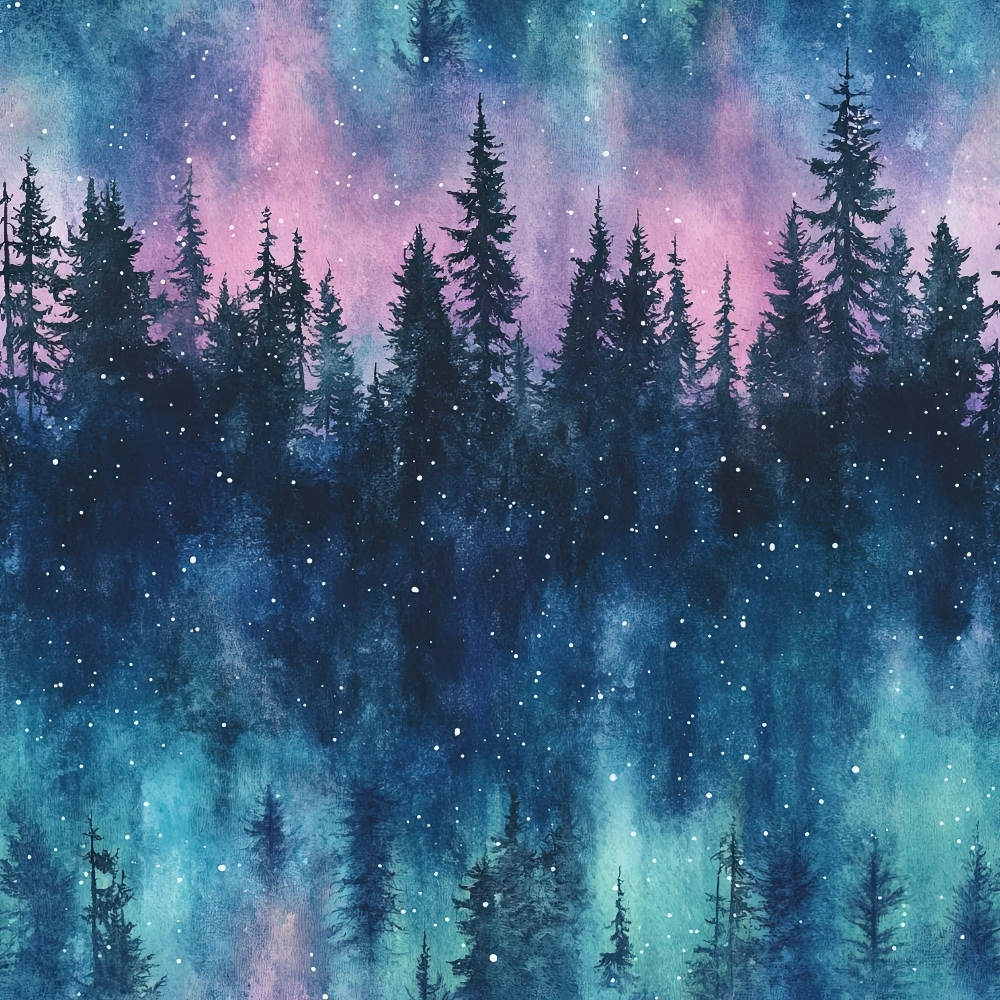 Watercolor painting of a dense forest silhouette against a vibrant, starry sky in shades of blue, purple, and pink.