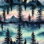 Watercolor painting of a dreamy landscape with tall trees, a mountain silhouette, and a starry sky reflected in a body of water, creating a symmetrical, serene scene.