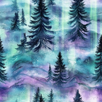 Artistic illustration of a forest landscape with tall pine trees against a backdrop of swirling colors resembling auroras in purple, blue, and green hues.