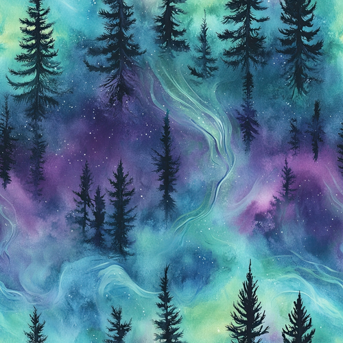 Illustration of tall pine trees silhouetted against a swirling, colorful background of blues, purples, and greens, resembling a night sky with nebulous clouds and stars.