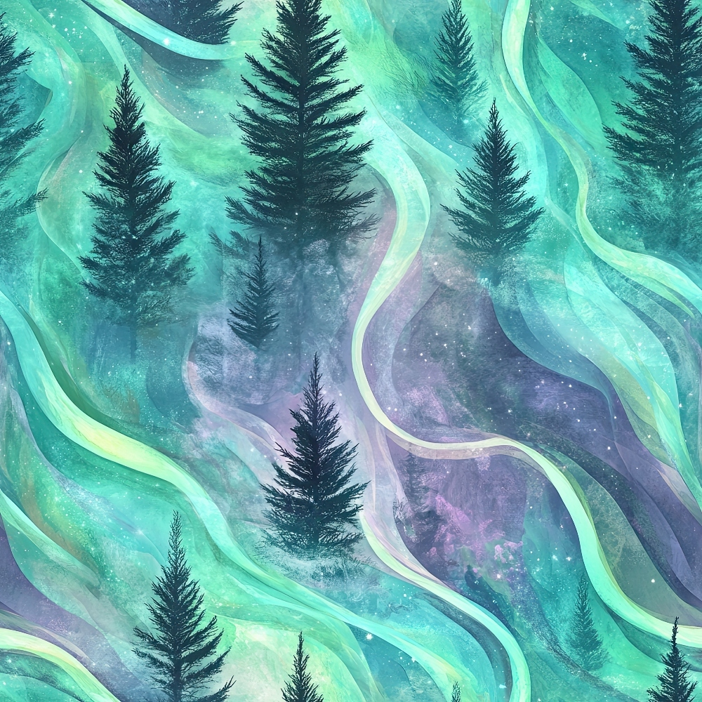 Abstract artwork with silhouetted pine trees over a swirling backdrop of green, blue, and purple hues, resembling an ethereal landscape.