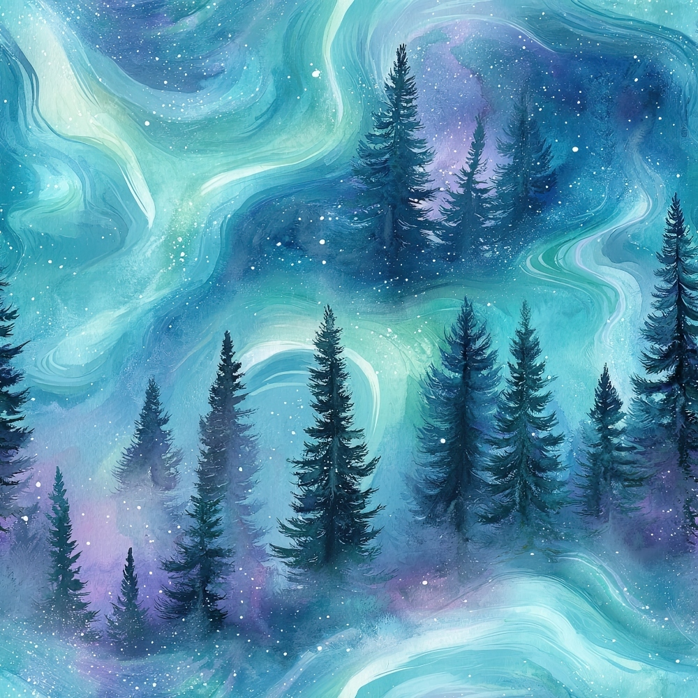 Painting of a dreamy forest with pine trees against a swirling blue, purple, and green sky, resembling an aurora. Snowflakes are scattered throughout.