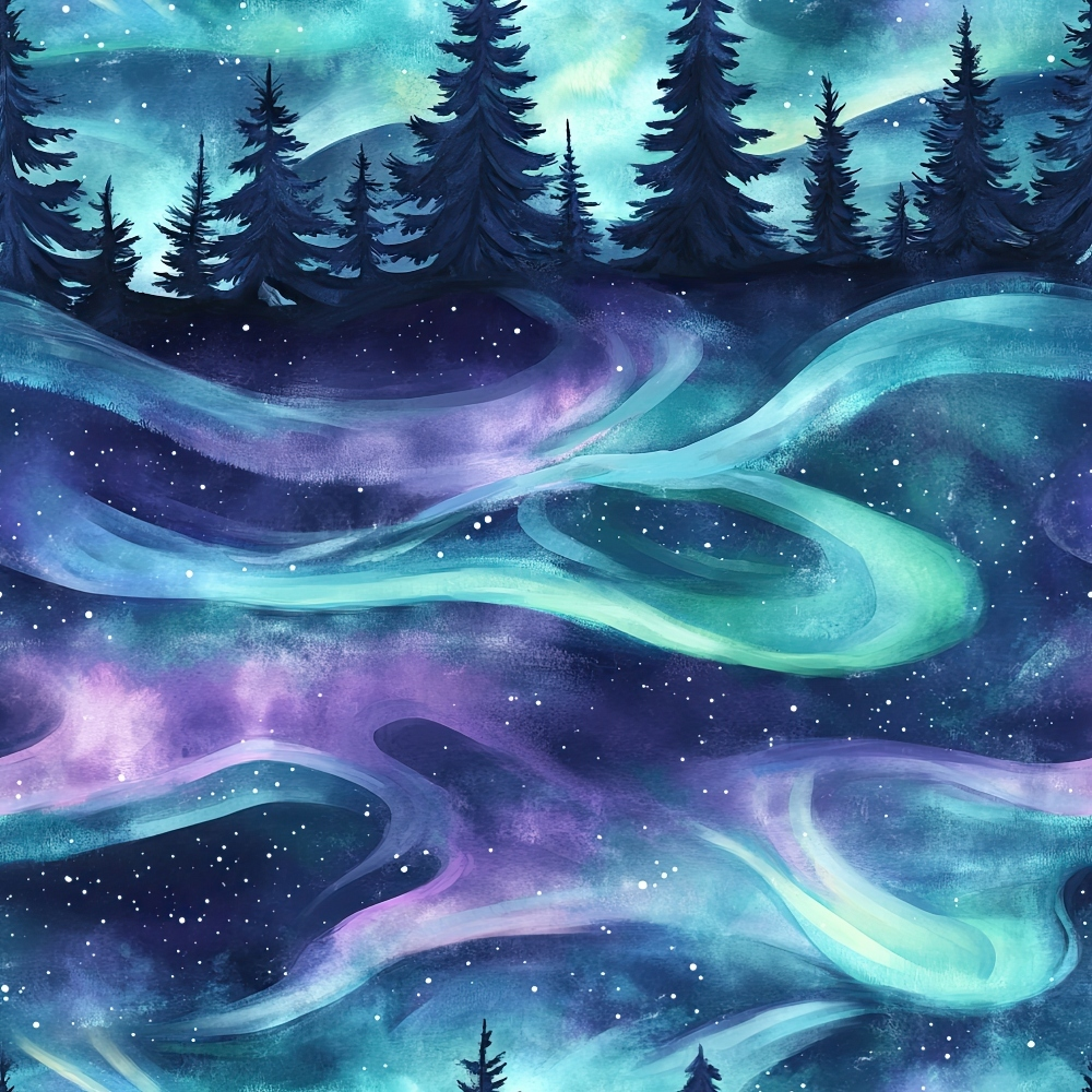 Painting of a night sky with swirling auroras and stars over a silhouette of pine trees and mountains.