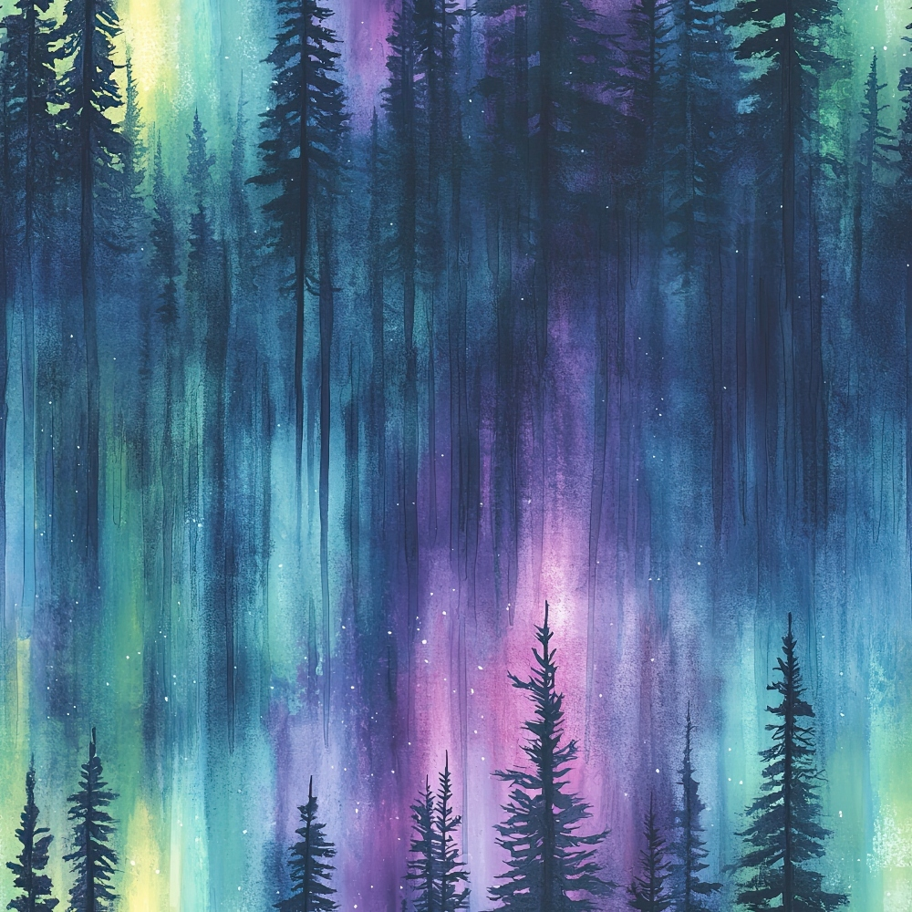 Digital artwork of a forest silhouette against a vivid aurora sky in hues of green, purple, and blue, with scattered star-like specks.