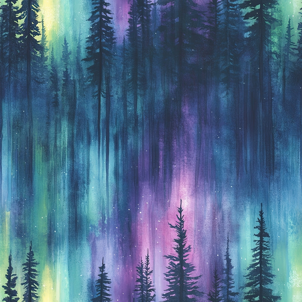 Digital artwork of a forest silhouette against a vivid aurora sky in hues of green, purple, and blue, with scattered star-like specks.