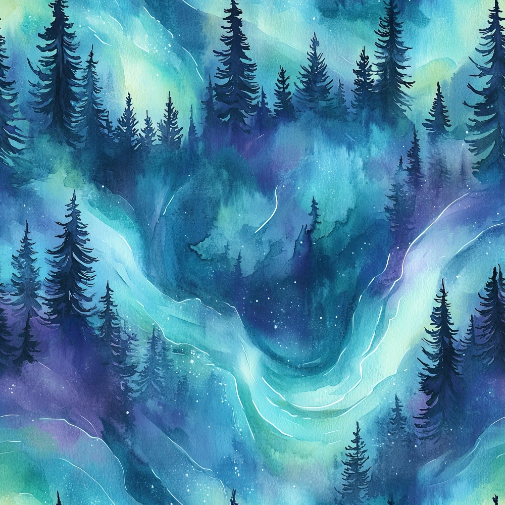 A watercolor painting of a forest with silhouettes of evergreen trees, swirling blue, green, and purple hues, and a starry sky.