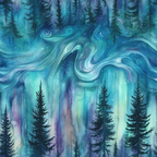 A watercolor painting of a forest with tall pine trees under a swirling, colorful sky resembling the aurora borealis.