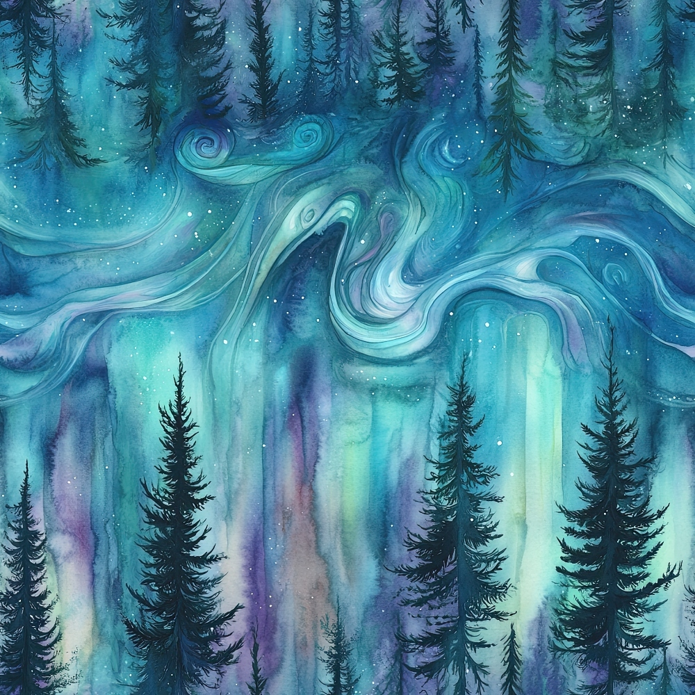 A watercolor painting of a forest with tall pine trees under a swirling, colorful sky resembling the aurora borealis.