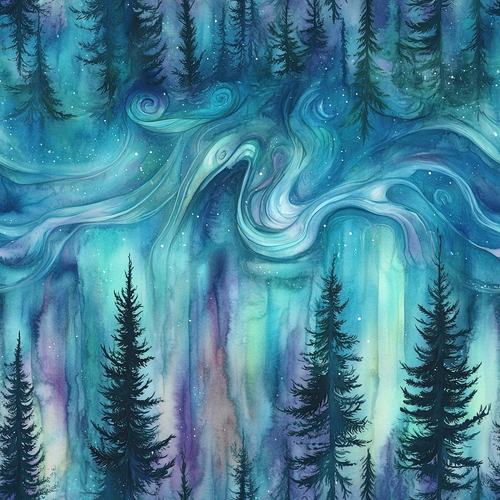 A watercolor painting of a forest with tall pine trees under a swirling, colorful sky resembling the aurora borealis.
