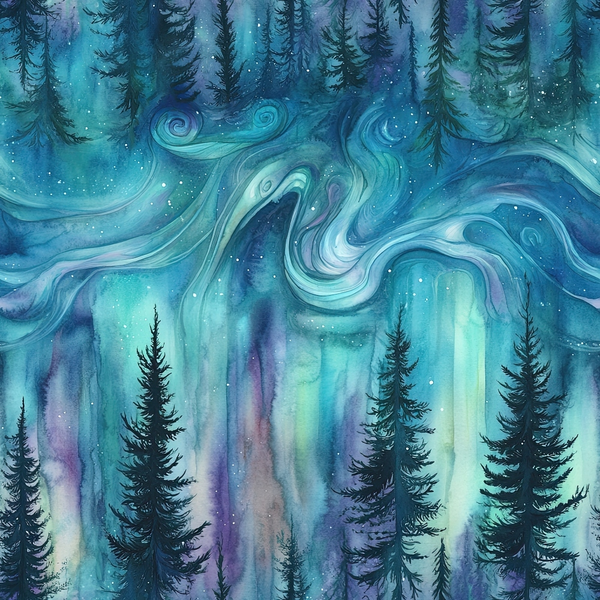 A watercolor painting of a forest with tall pine trees under a swirling, colorful sky resembling the aurora borealis.